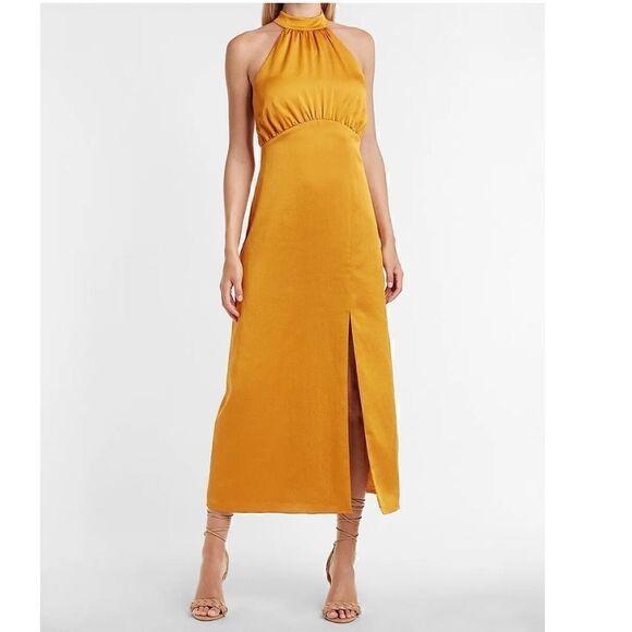 Express Dresses & Skirts - NEW EXPRESS Golden HONEY SATIN HALTER MAXI DRESS